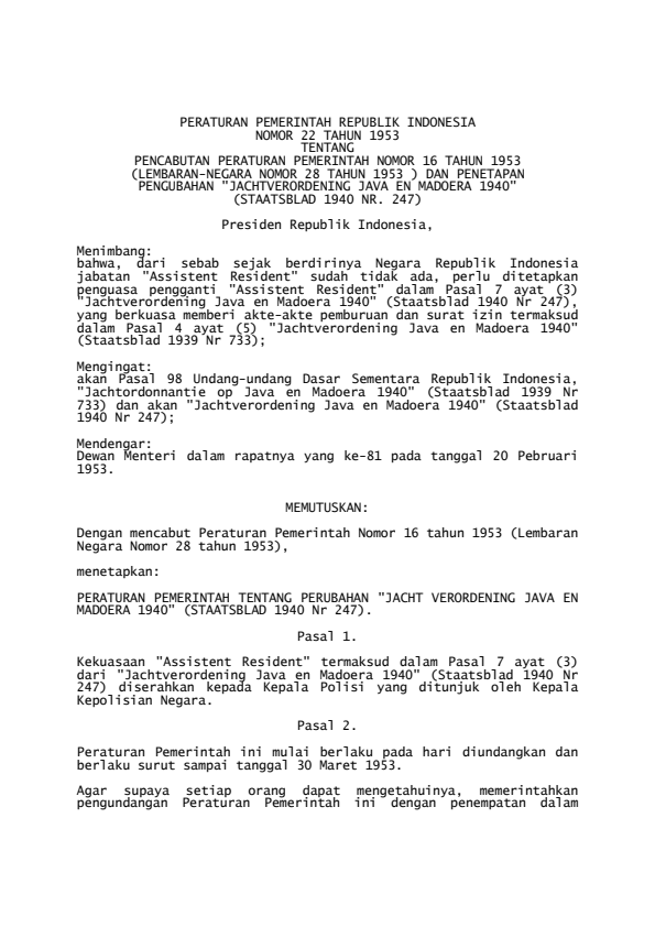 Peraturan Pemerintah Nomor 22 Tahun 1953