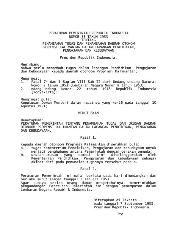 Peraturan Pemerintah Nomor 33 Tahun 1953