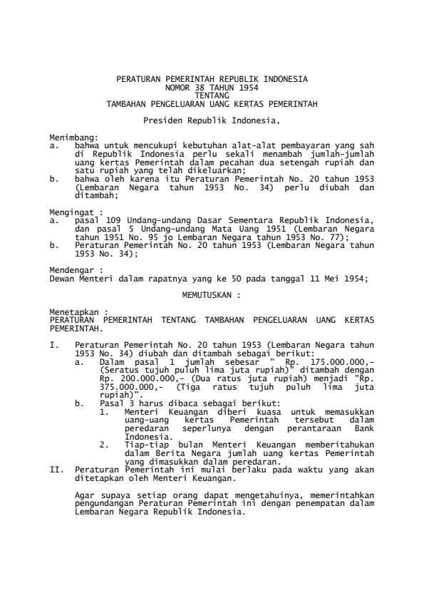 Peraturan Pemerintah Nomor 38 Tahun 1954