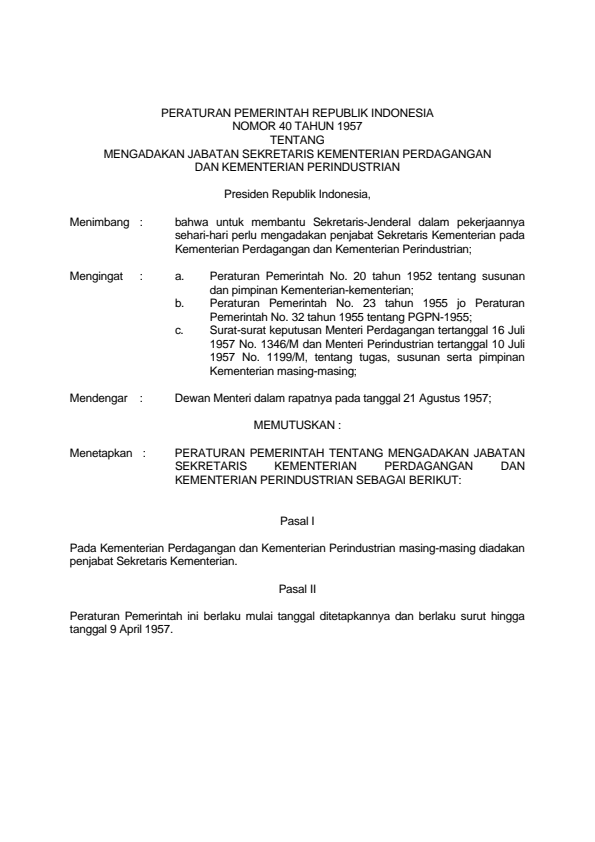 Peraturan Pemerintah Nomor 40 Tahun 1957
