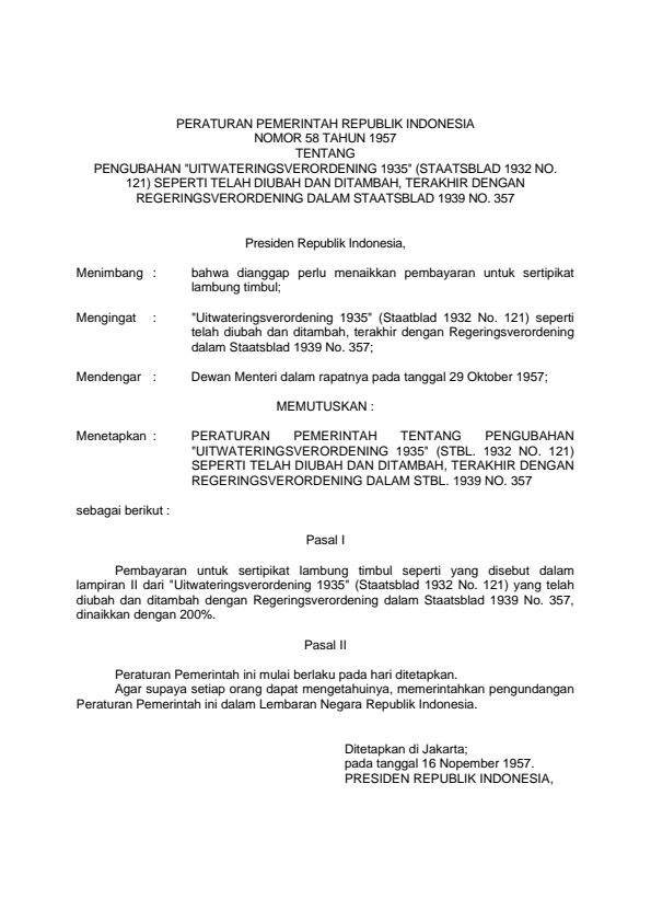 Peraturan Pemerintah Nomor 58 Tahun 1957