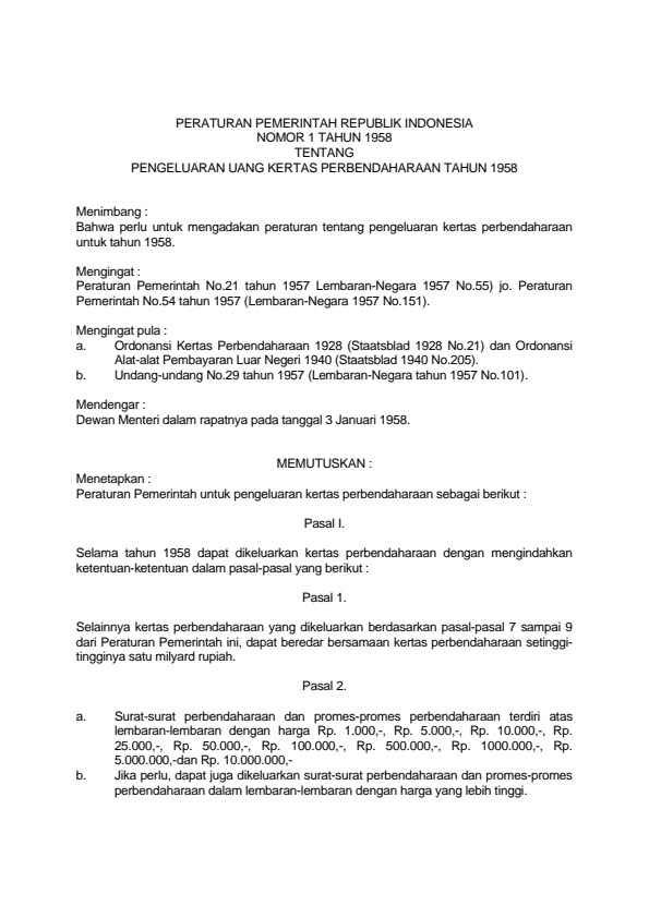 Peraturan Pemerintah Nomor 1 Tahun 1958