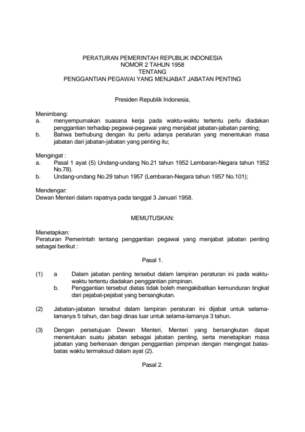 Peraturan Pemerintah Nomor 2 Tahun 1958