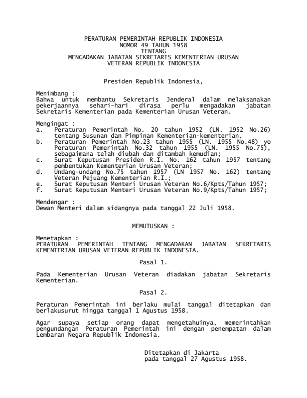 Peraturan Pemerintah Nomor 49 Tahun 1958