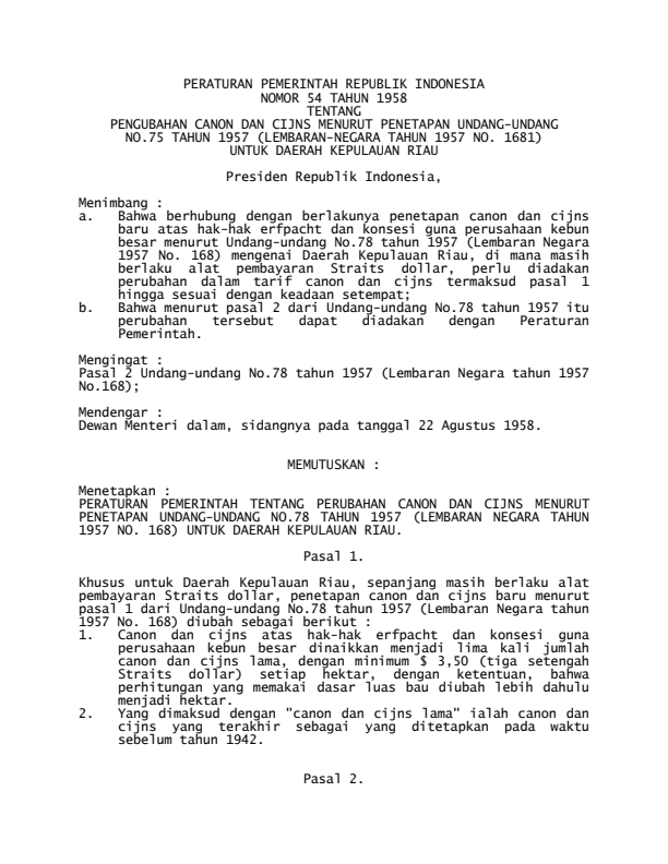 Peraturan Pemerintah Nomor 54 Tahun 1958