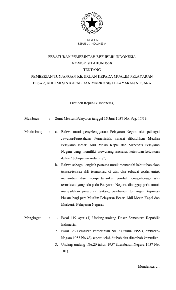 Peraturan Pemerintah Nomor 9 Tahun 1958