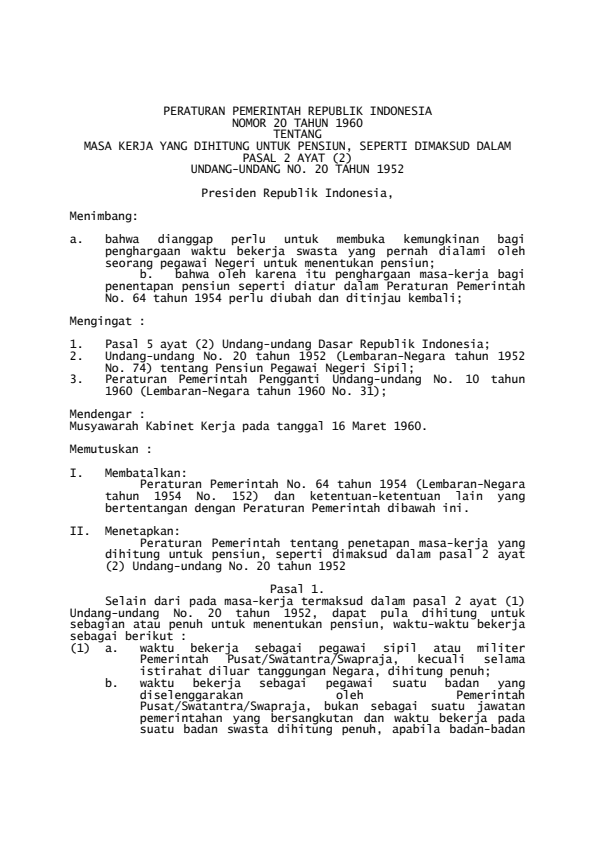 Peraturan Pemerintah Nomor 20 Tahun 1960