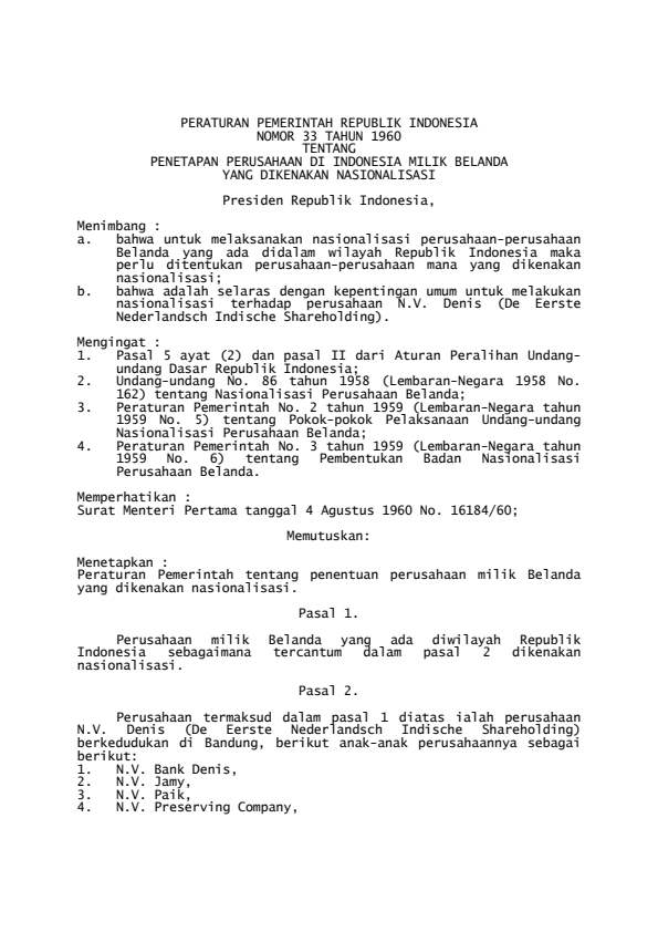 Peraturan Pemerintah Nomor 33 Tahun 1960