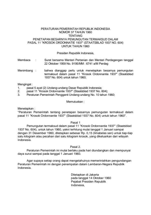 Peraturan Pemerintah Nomor 37 Tahun 1960
