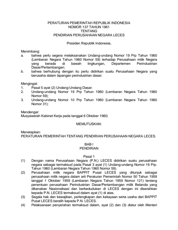 Peraturan Pemerintah Nomor 137 Tahun 1961