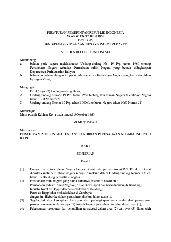 Peraturan Pemerintah Nomor 189 Tahun 1961