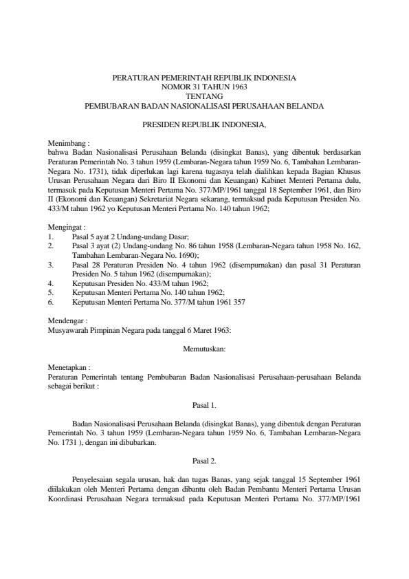 Peraturan Pemerintah Nomor 31 Tahun 1963