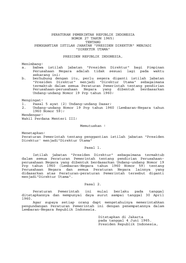 Peraturan Pemerintah Nomor 27 Tahun 1965