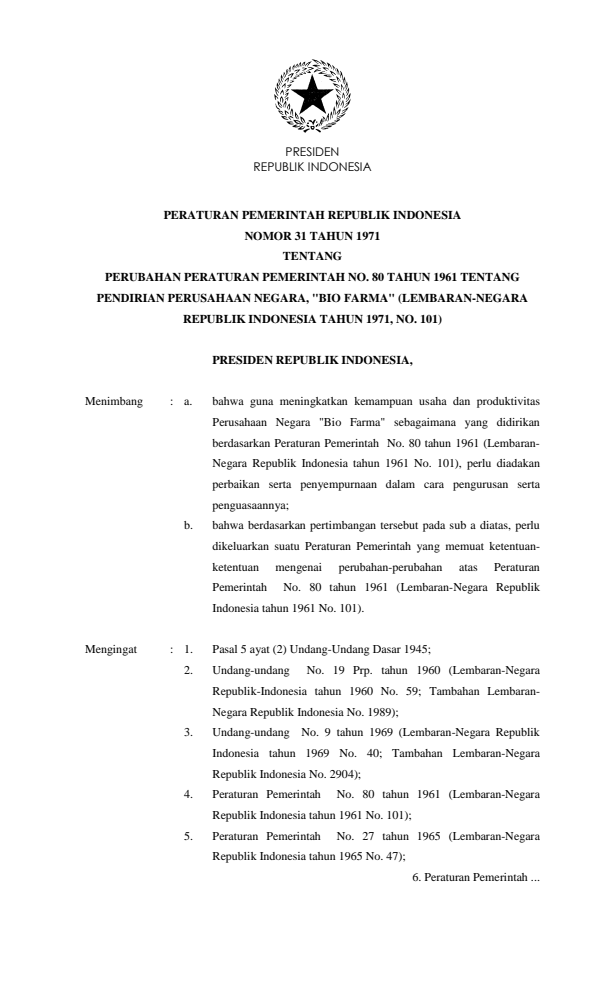 Peraturan Pemerintah Nomor 31 Tahun 1971
