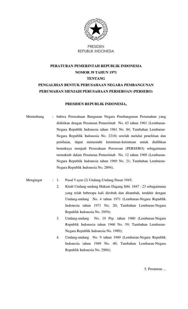 Peraturan Pemerintah Nomor 39 Tahun 1971