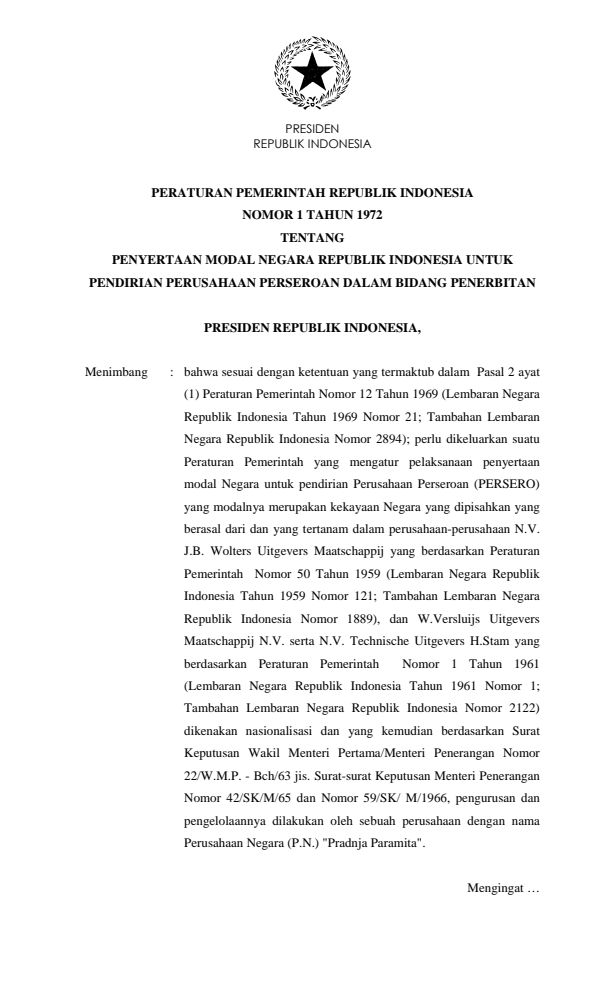Peraturan Pemerintah Nomor 1 Tahun 1972