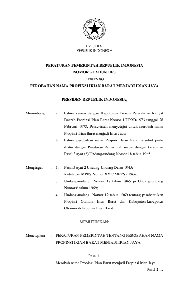 Peraturan Pemerintah Nomor 5 Tahun 1973