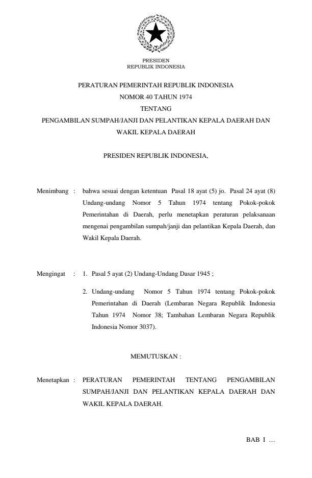 Peraturan Pemerintah Nomor 40 Tahun 1974