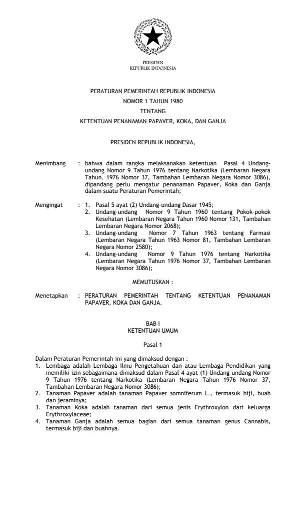 Peraturan Pemerintah Nomor 1 Tahun 1980