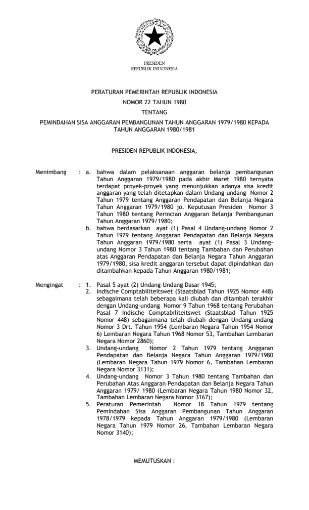 Peraturan Pemerintah Nomor 22 Tahun 1980