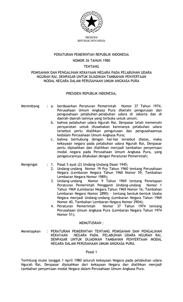 Peraturan Pemerintah Nomor 26 Tahun 1980