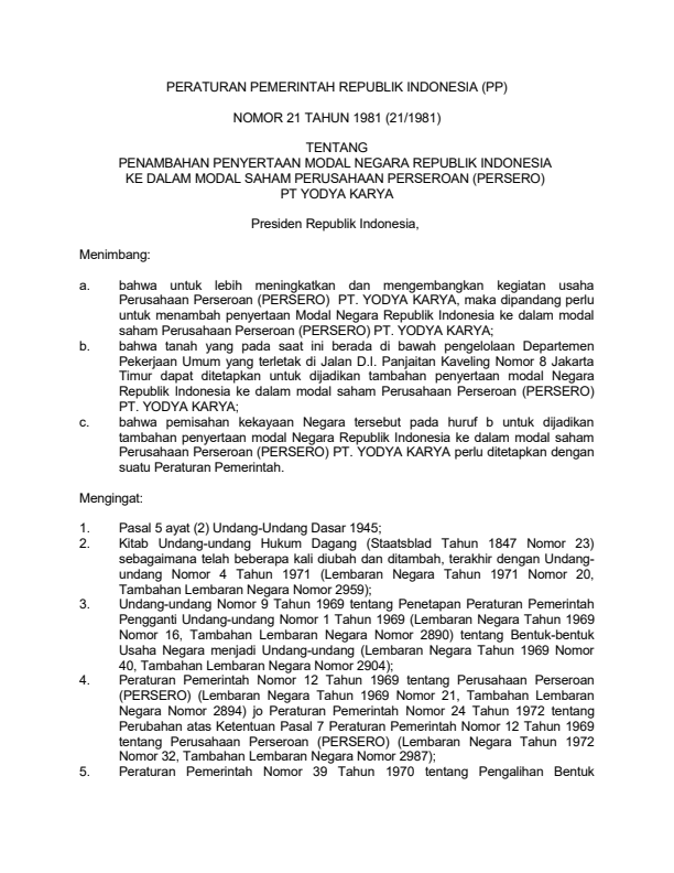 Peraturan Pemerintah Nomor 21 Tahun 1981