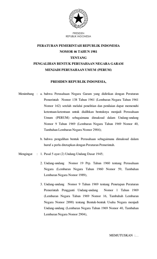 Peraturan Pemerintah Nomor 46 Tahun 1981