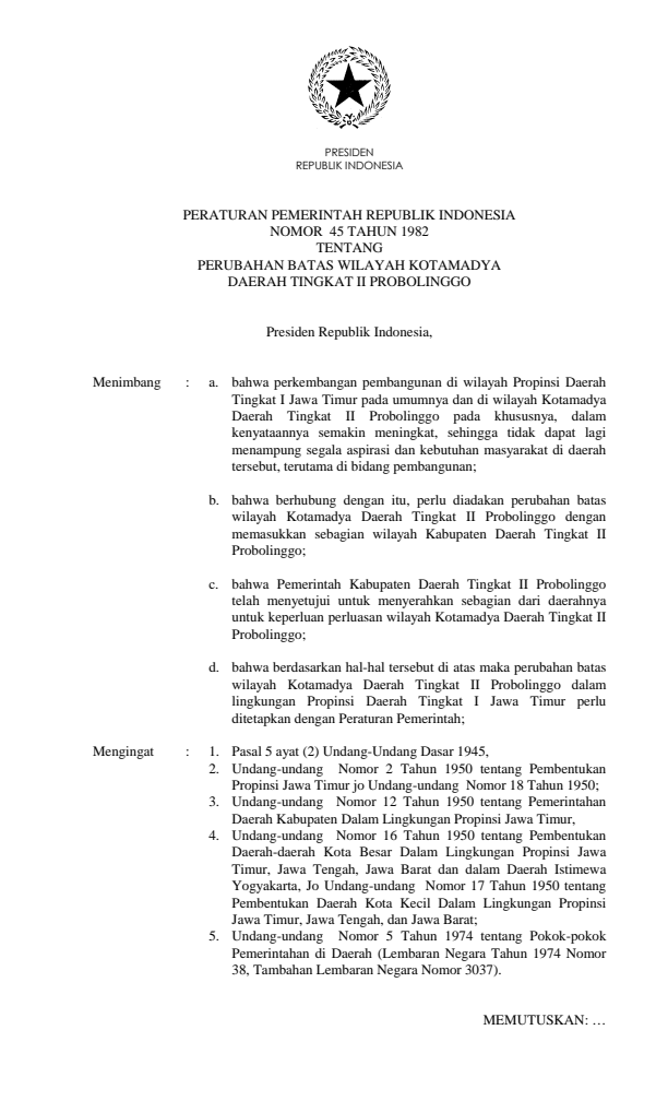 Peraturan Pemerintah Nomor 45 Tahun 1982