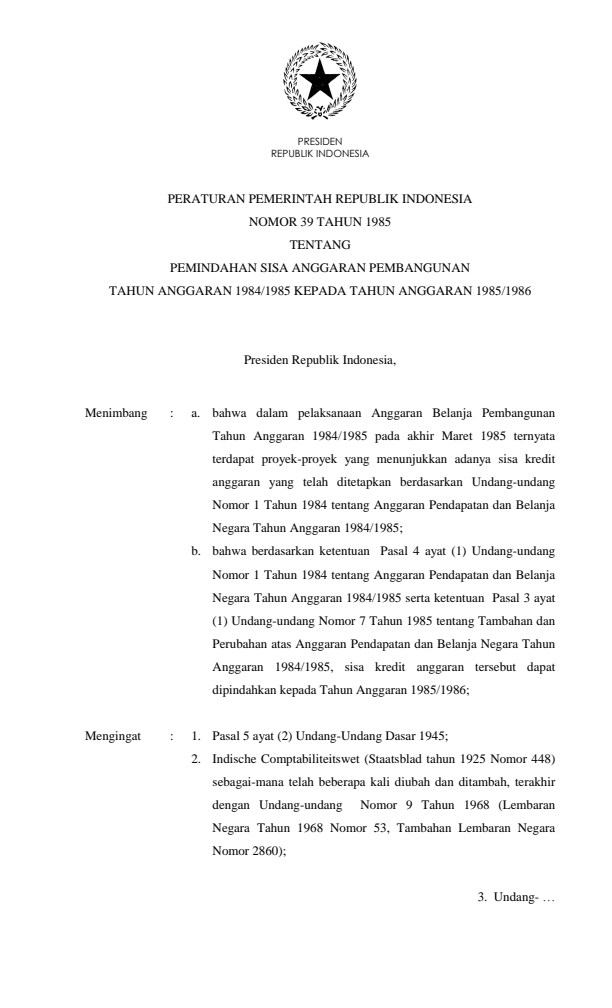 Peraturan Pemerintah Nomor 39 Tahun 1985