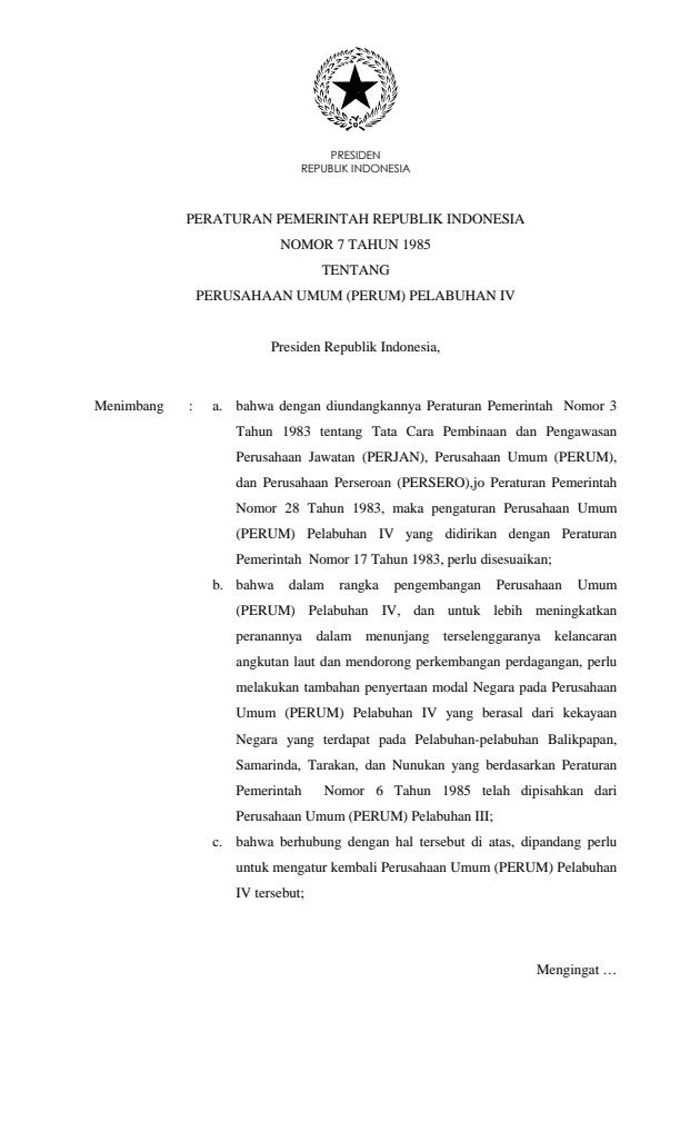 Peraturan Pemerintah Nomor 7 Tahun 1985