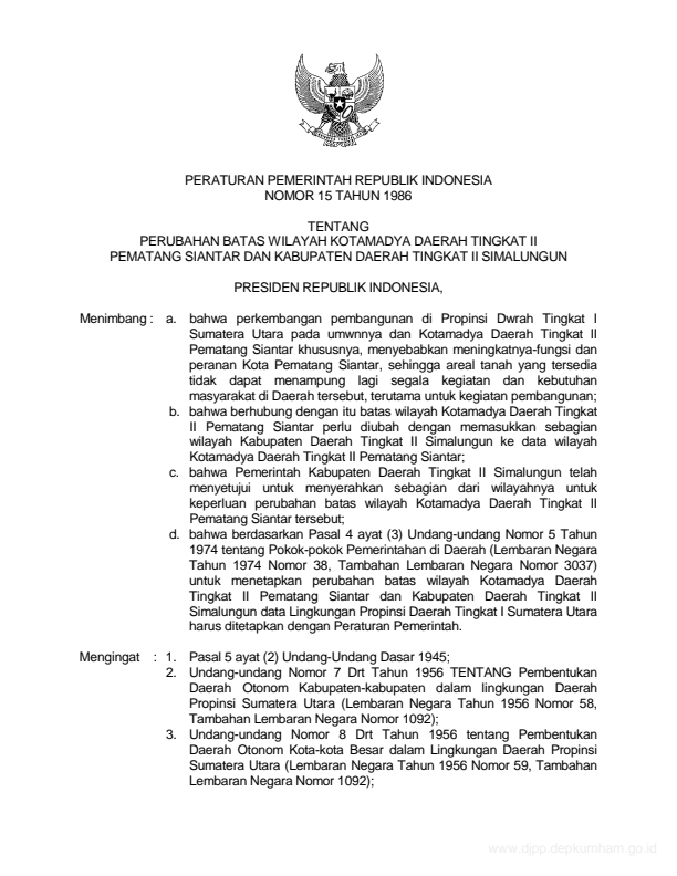 Peraturan Pemerintah Nomor 15 Tahun 1986