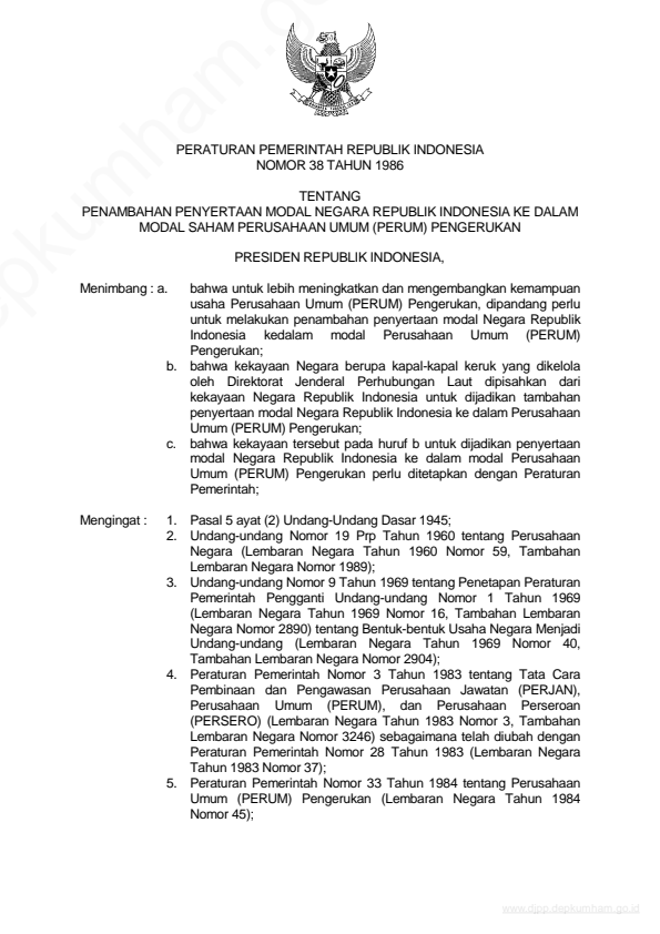 Peraturan Pemerintah Nomor 38 Tahun 1986