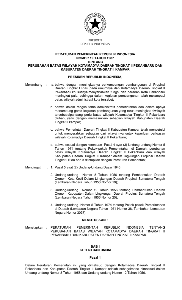 Peraturan Pemerintah Nomor 19 Tahun 1987
