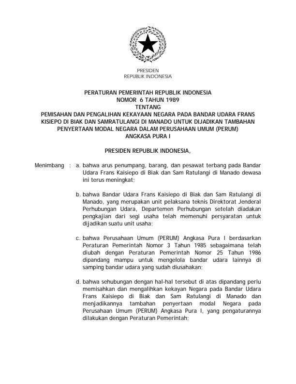 Peraturan Pemerintah Nomor 6 Tahun 1989