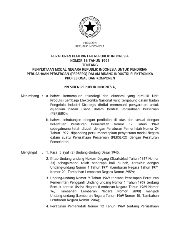 Peraturan Pemerintah Nomor 16 Tahun 1991