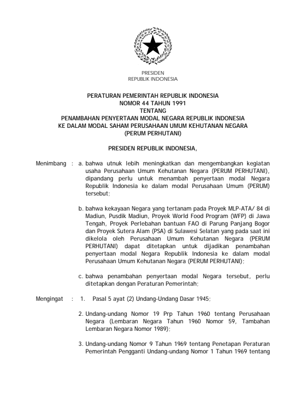 Peraturan Pemerintah Nomor 44 Tahun 1991