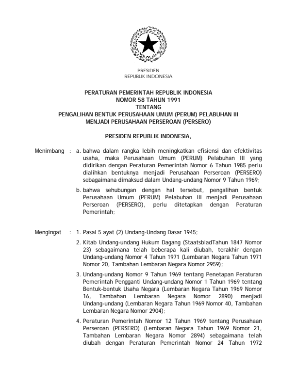 Peraturan Pemerintah Nomor 58 Tahun 1991