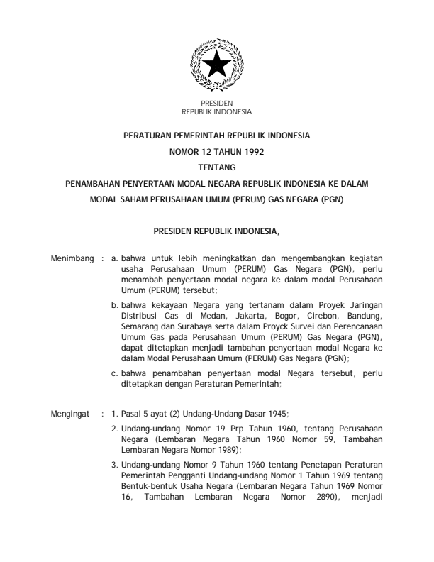 Peraturan Pemerintah Nomor 12 Tahun 1992