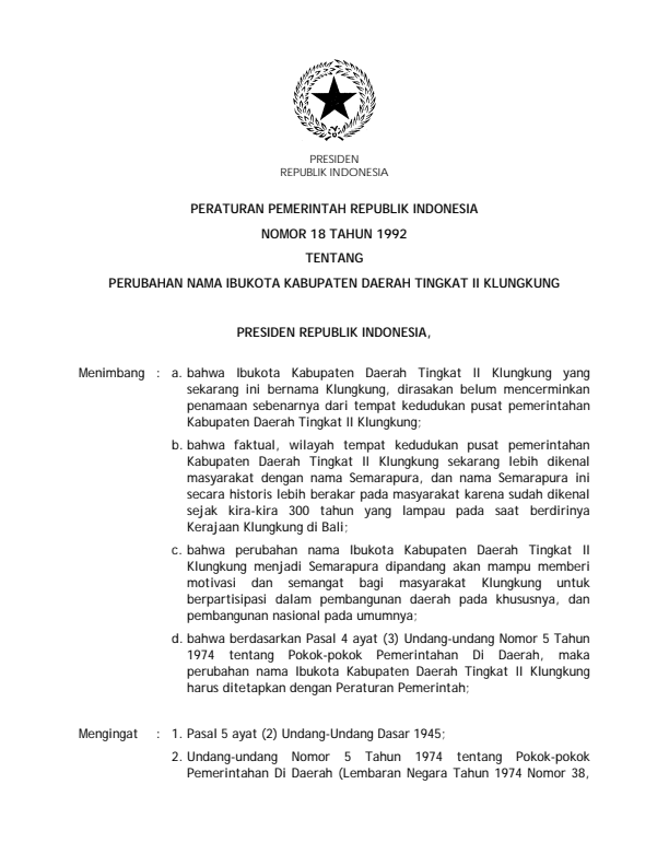Peraturan Pemerintah Nomor 18 Tahun 1992