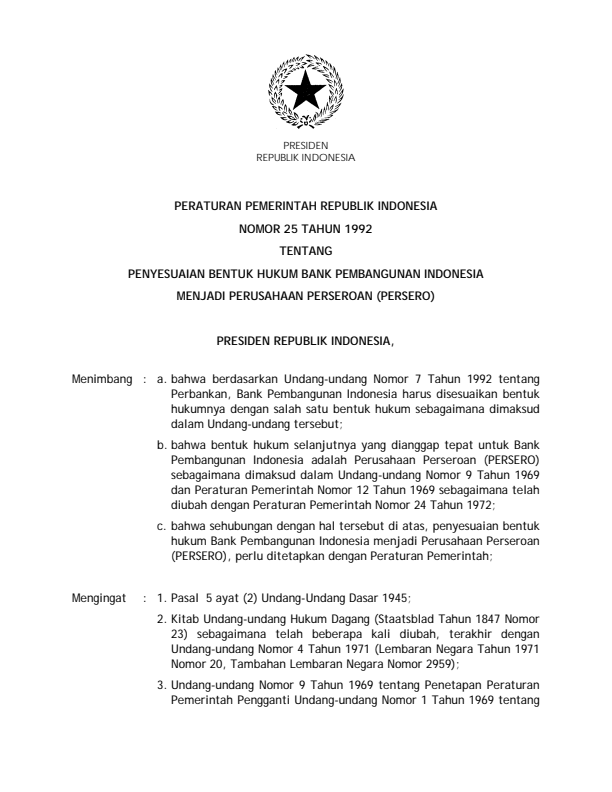 Peraturan Pemerintah Nomor 25 Tahun 1992
