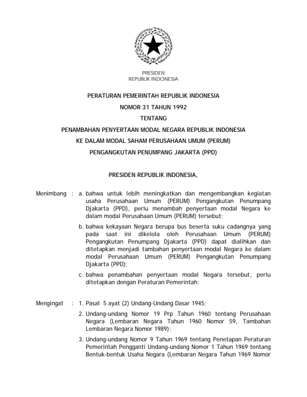 Peraturan Pemerintah Nomor 31 Tahun 1992
