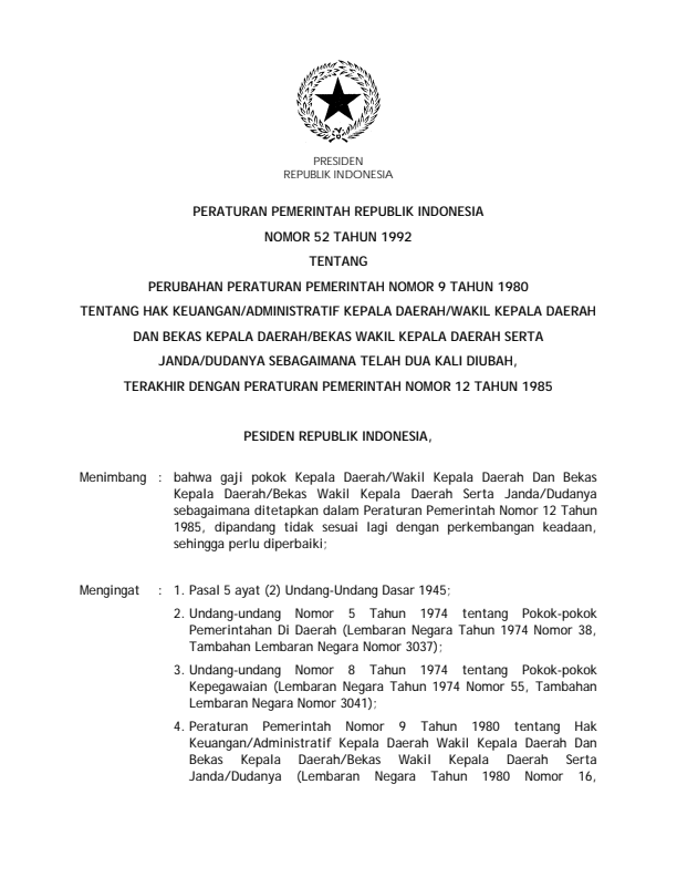 Peraturan Pemerintah Nomor 52 Tahun 1992