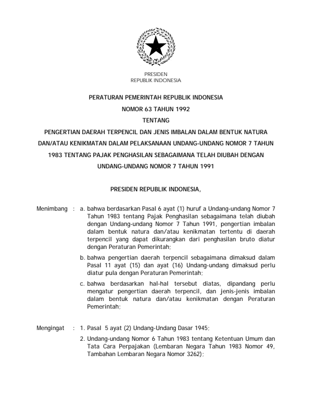 Peraturan Pemerintah Nomor 63 Tahun 1992