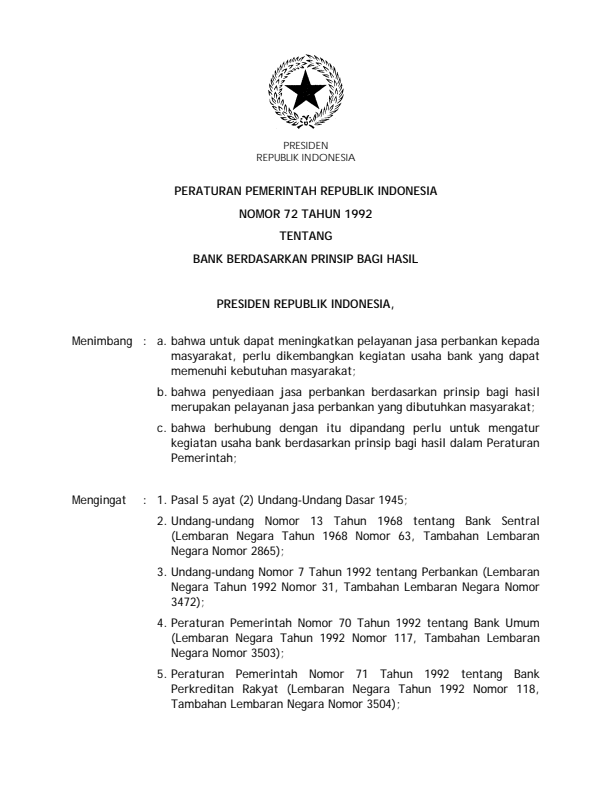 Peraturan Pemerintah Nomor 72 Tahun 1992