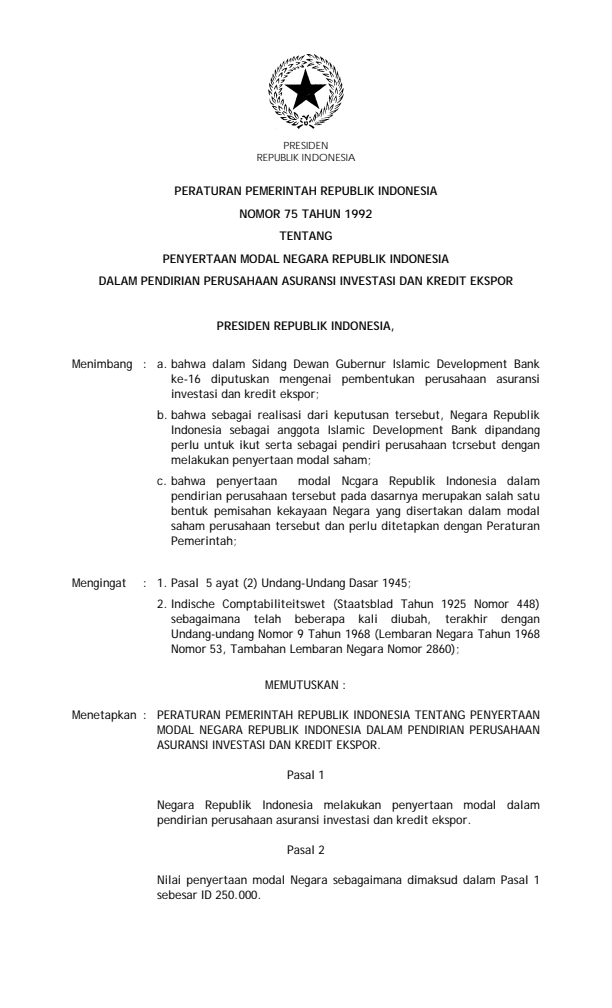 Peraturan Pemerintah Nomor 75 Tahun 1992