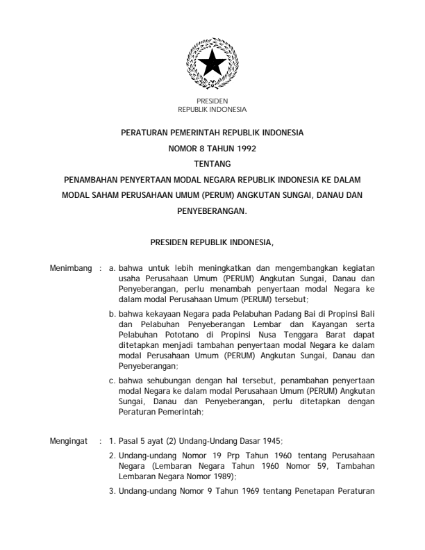 Peraturan Pemerintah Nomor 8 Tahun 1992