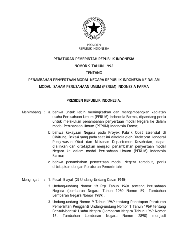 Peraturan Pemerintah Nomor 9 Tahun 1992