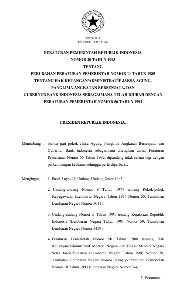 Peraturan Pemerintah Nomor 20 Tahun 1993