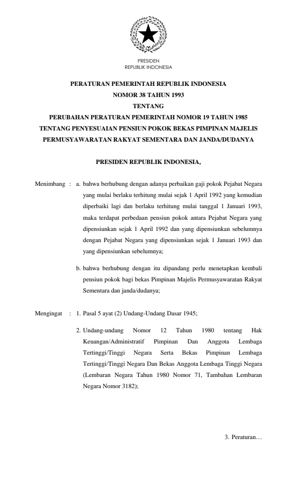 Peraturan Pemerintah Nomor 38 Tahun 1993