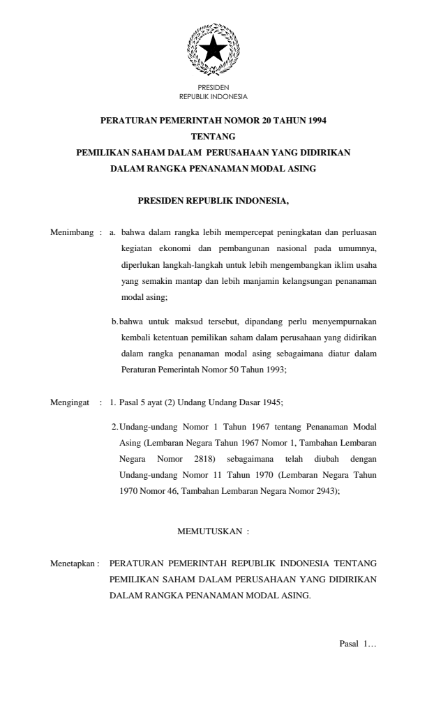 Peraturan Pemerintah Nomor 20 Tahun 1994